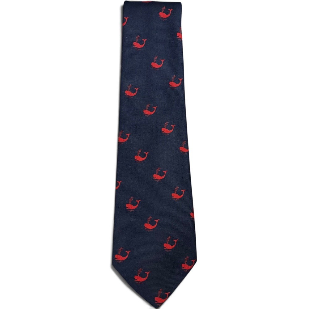 Vintage The Andover Shop Navy Blue Red Whale Embroidered Silk Tie Preppy Tie